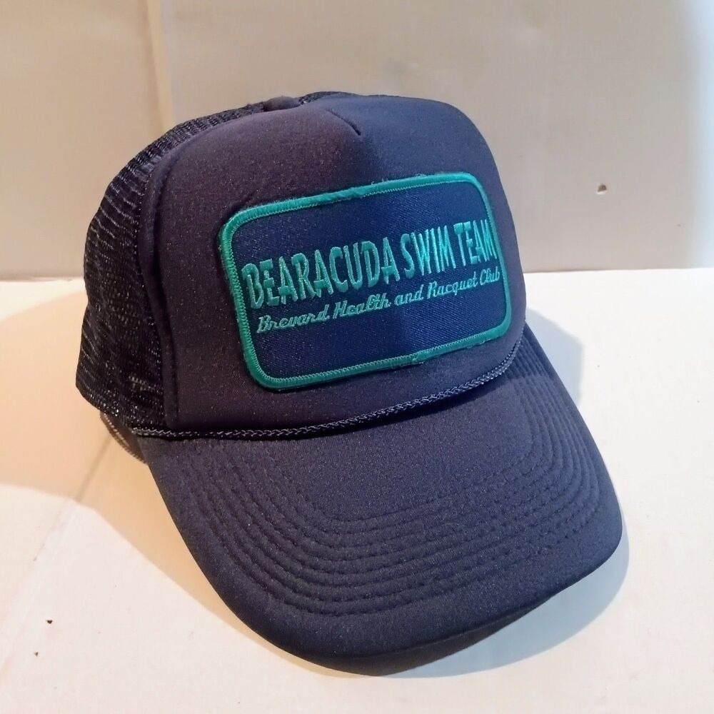 Vtg Nissun Bearacuda Swim Team Foam Back Trucker Hat-Embroidered Patch-Mesh